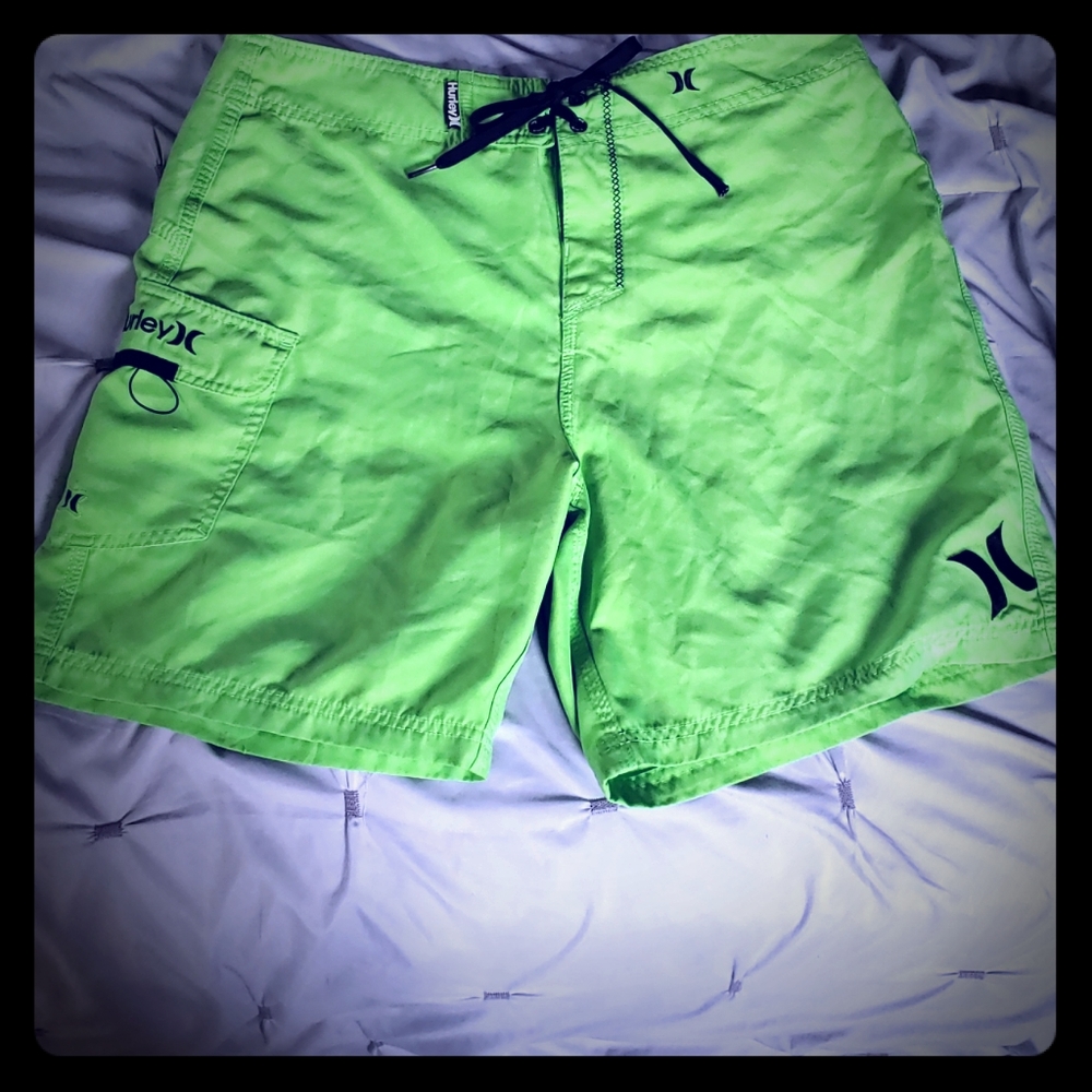 Lime green Hurley swim trunks with pocket